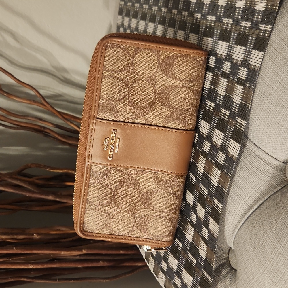 Coach Long Zippered Accordion Wallet, Tan Monogram and Leather